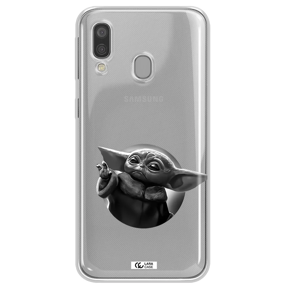 a black and white image of a baby yoda Samsung A40 Clear TPU Case