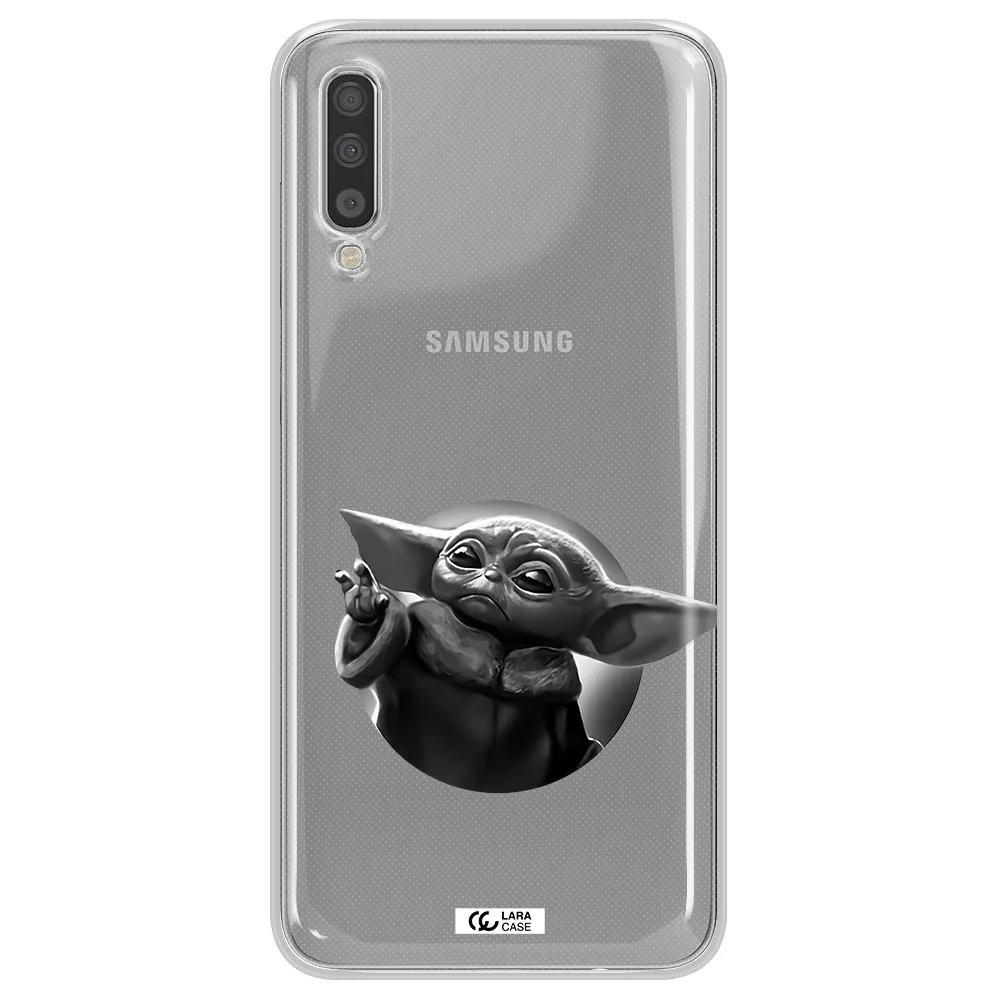 a black and white image of a baby yoda Samsung A70 Clear TPU Case