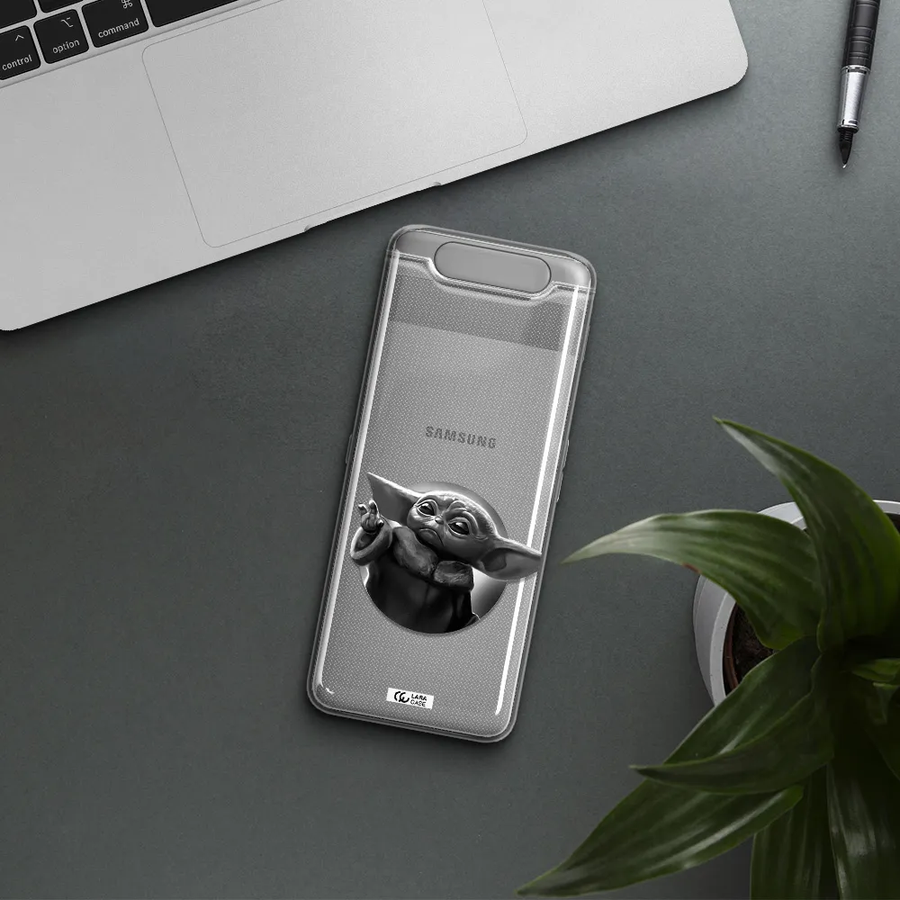 a black and white image of a baby yoda Samsung A80 Clear TPU Case
