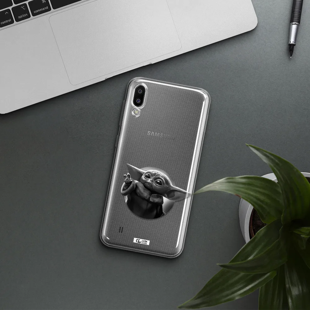 a black and white image of a baby yoda Samsung M10 Clear TPU Case