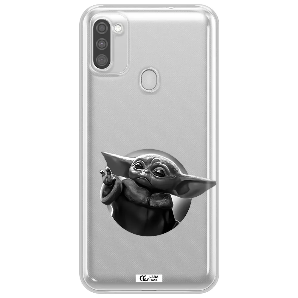 a black and white image of a baby yoda Samsung M11 Clear TPU Case