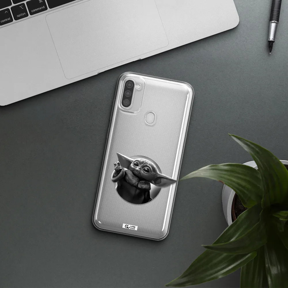 a black and white image of a baby yoda Samsung M11 Clear TPU Case