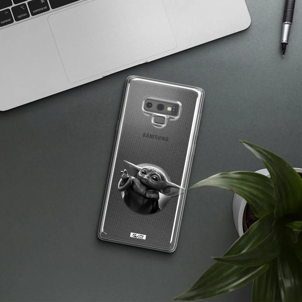 a black and white image of a baby yoda Samsung Note 9 Clear TPU Case