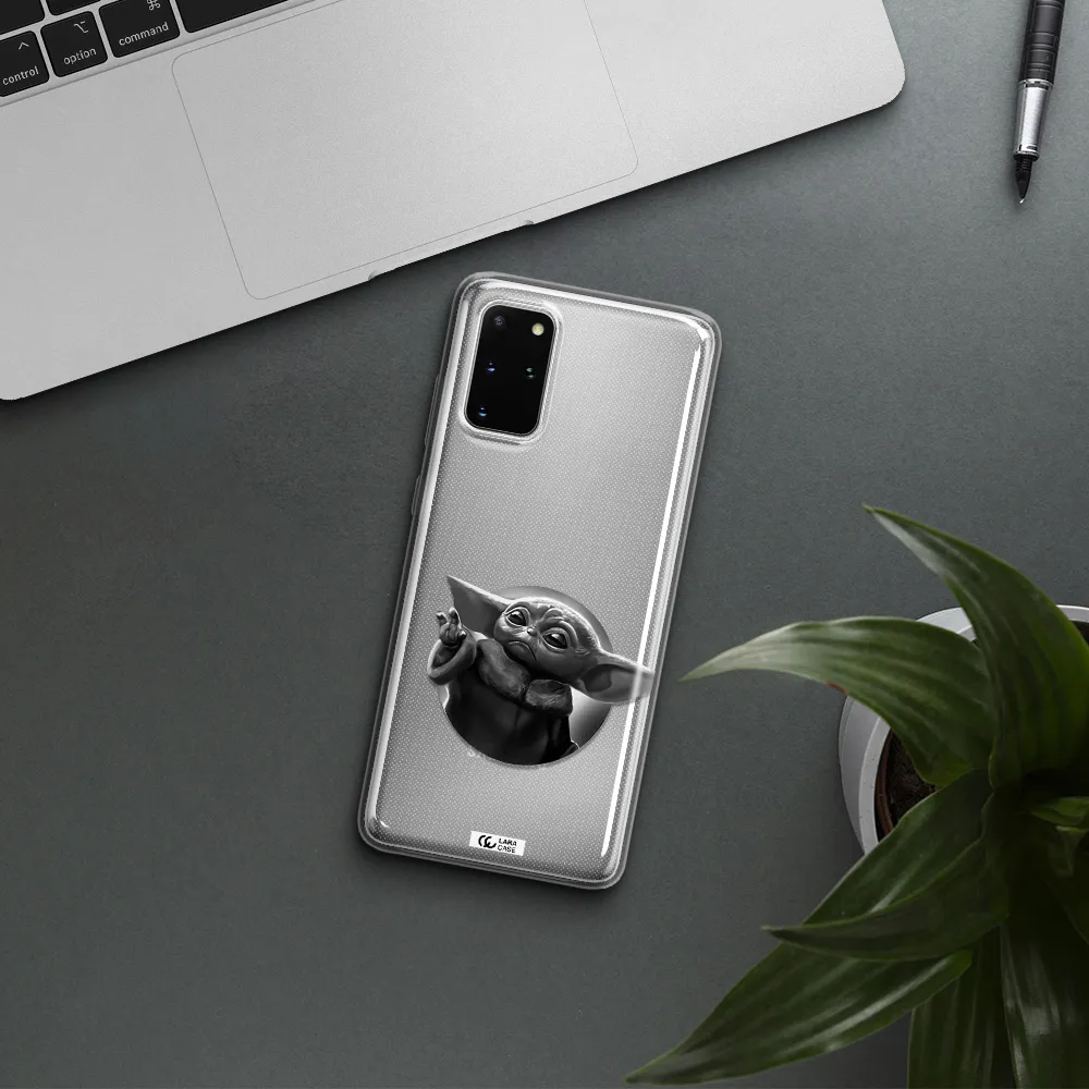 a black and white image of a baby yoda Samsung S 20 Plus Clear TPU Case