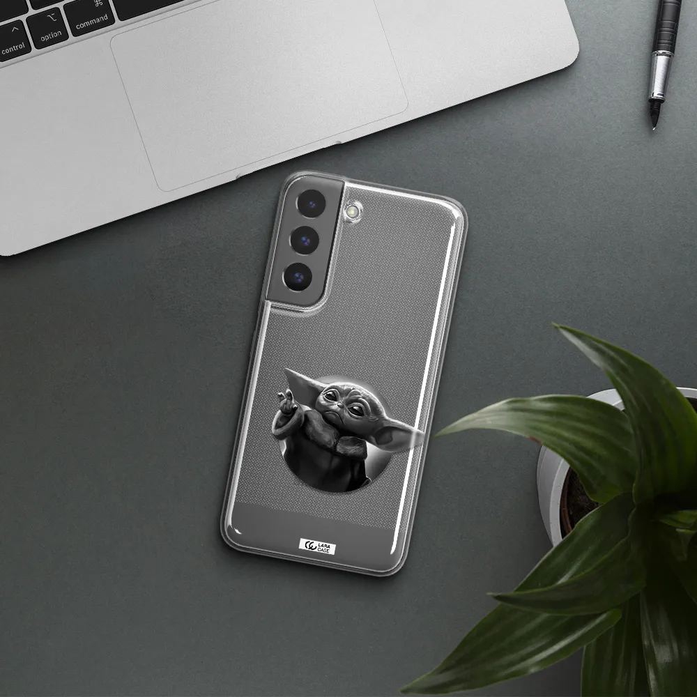 a black and white image of a baby yoda Samsung S 22 Clear TPU Case