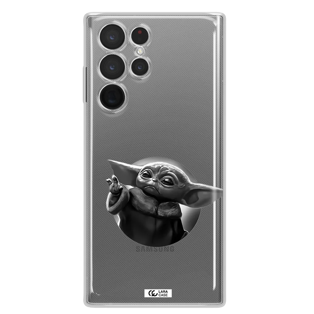 a black and white image of a baby yoda Samsung S 22 Ultra Clear TPU Case