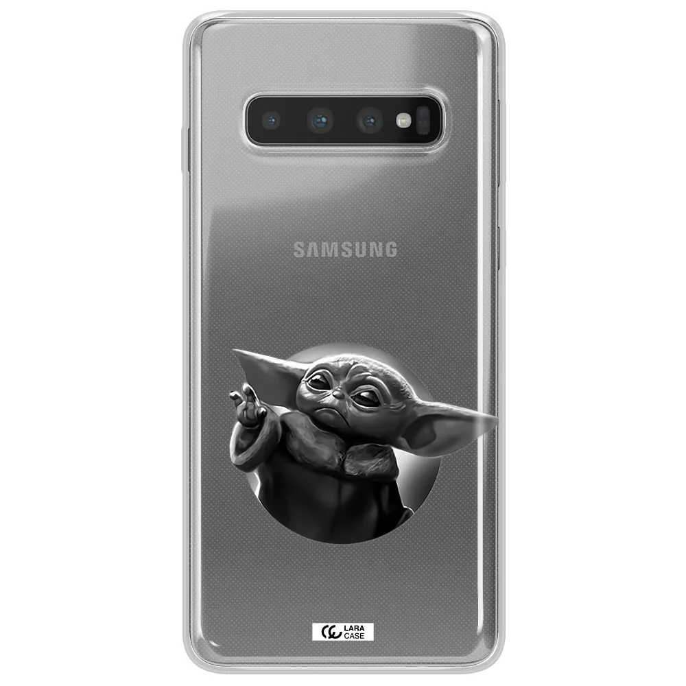 a black and white image of a baby yoda Samsung S10 Clear TPU Case