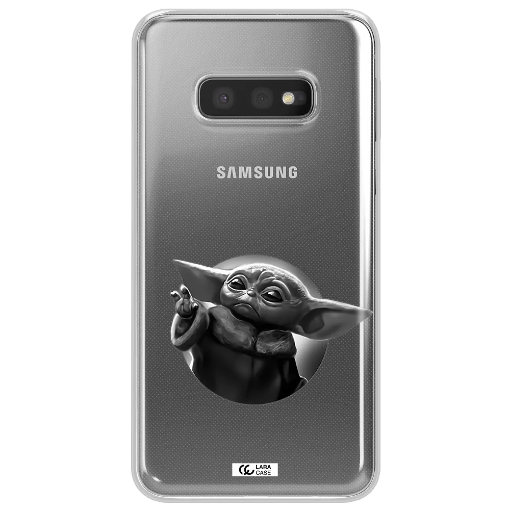 a black and white image of a baby yoda Samsung S10e Clear TPU Case