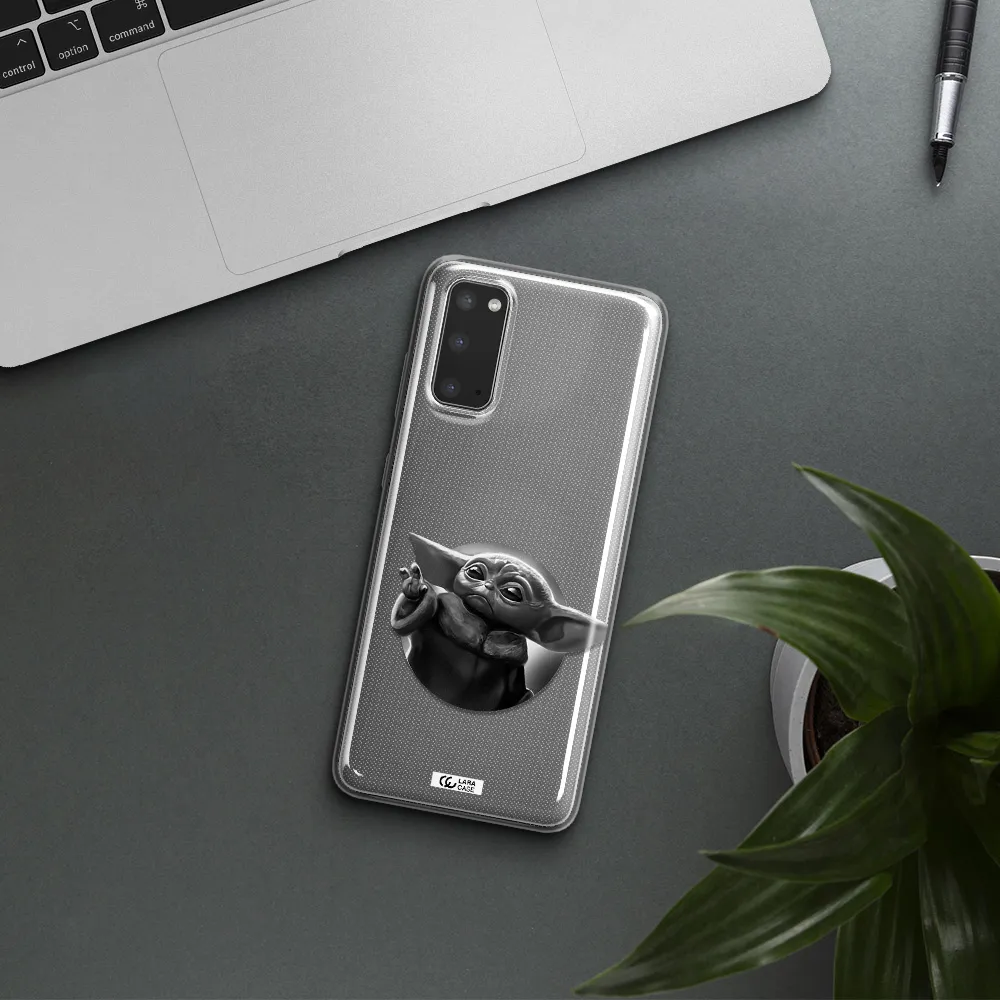 a black and white image of a baby yoda Samsung S20 Clear TPU Case