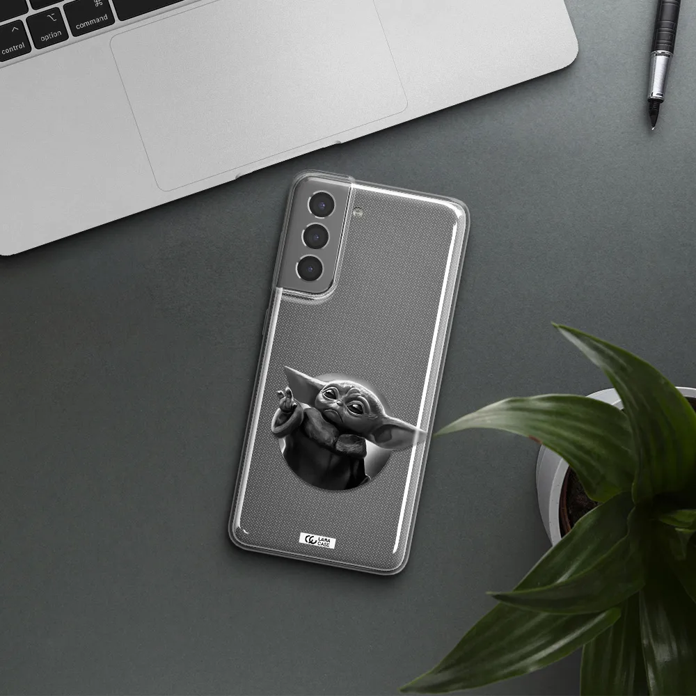 a black and white image of a baby yoda Samsung S21 Clear TPU Case