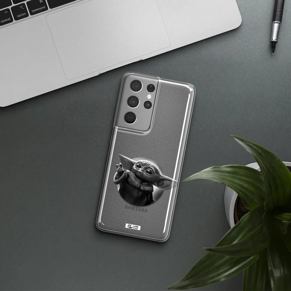 a black and white image of a baby yoda Samsung S21 Ultra Clear TPU Case