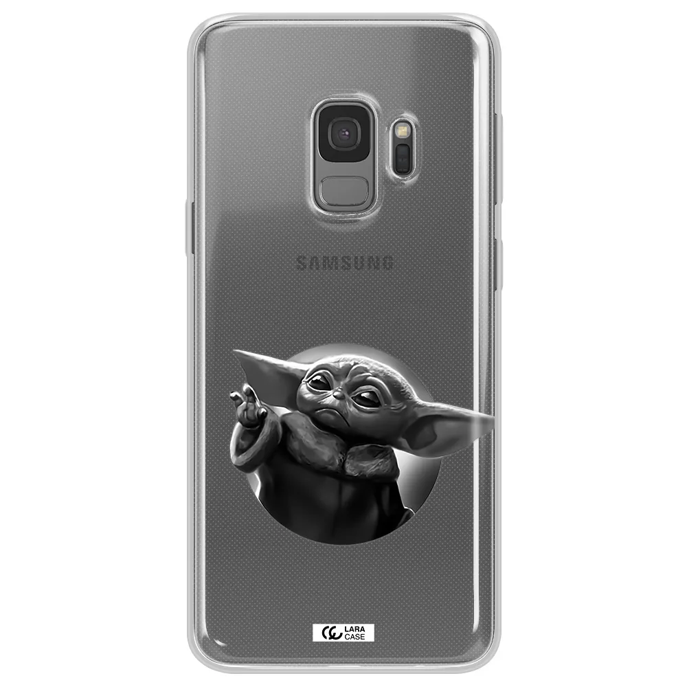 a black and white image of a baby yoda Samsung S9 Clear TPU Case