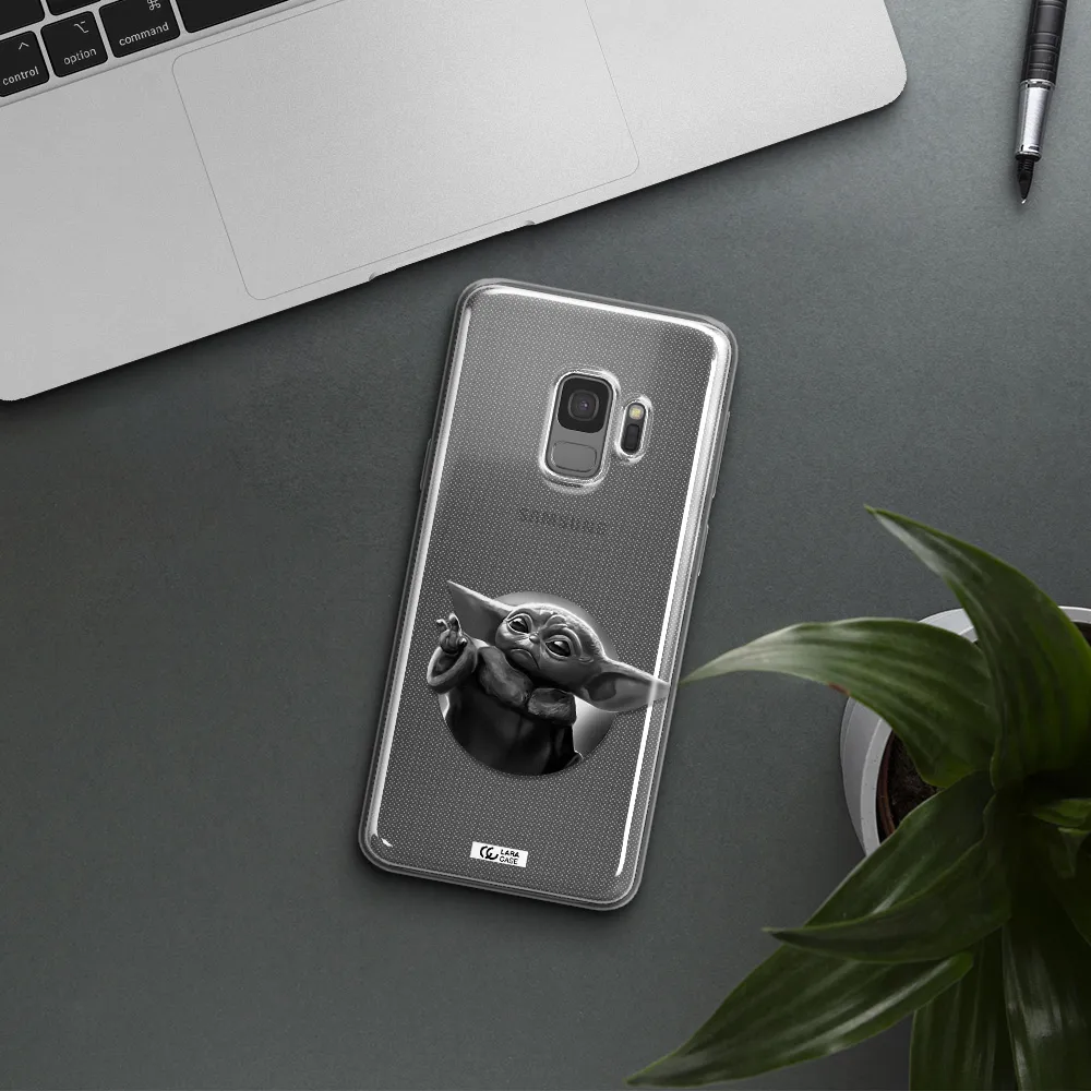 a black and white image of a baby yoda Samsung S9 Clear TPU Case