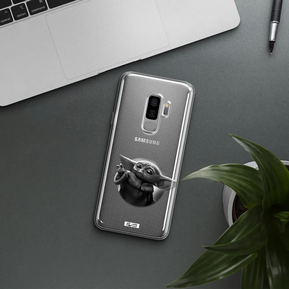 a black and white image of a baby yoda Samsung S9 Plus Clear TPU Case