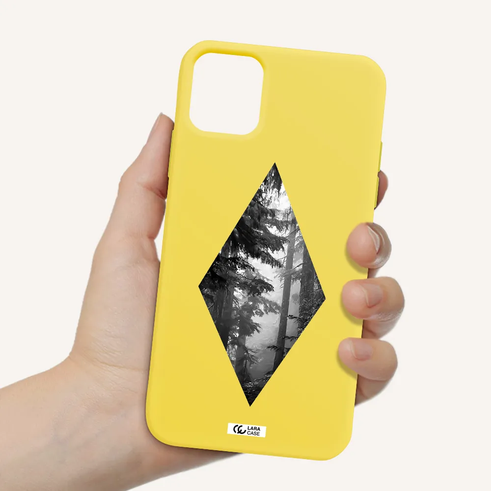 a diamond shaped image of trees Apple iPhone 11 Silicone canary yellow Case