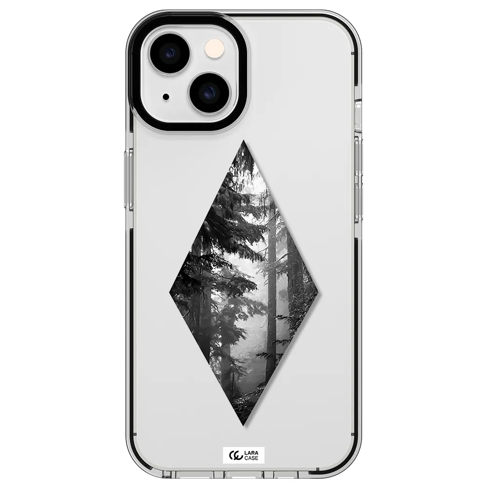 a diamond shaped image of trees Apple iPhone 14 impact black border Case