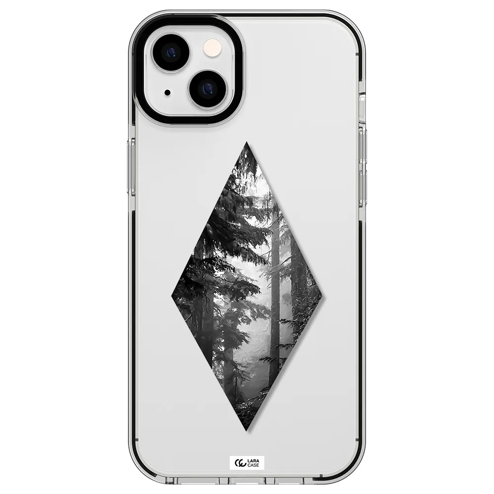 a diamond shaped image of trees Apple iPhone 14 plus impact black border Case
