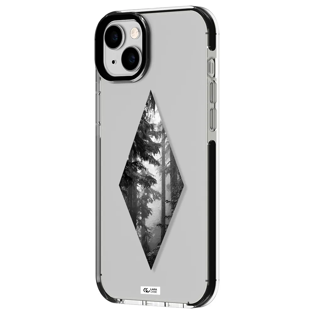 a diamond shaped image of trees Apple iPhone 14 plus impact black border Case
