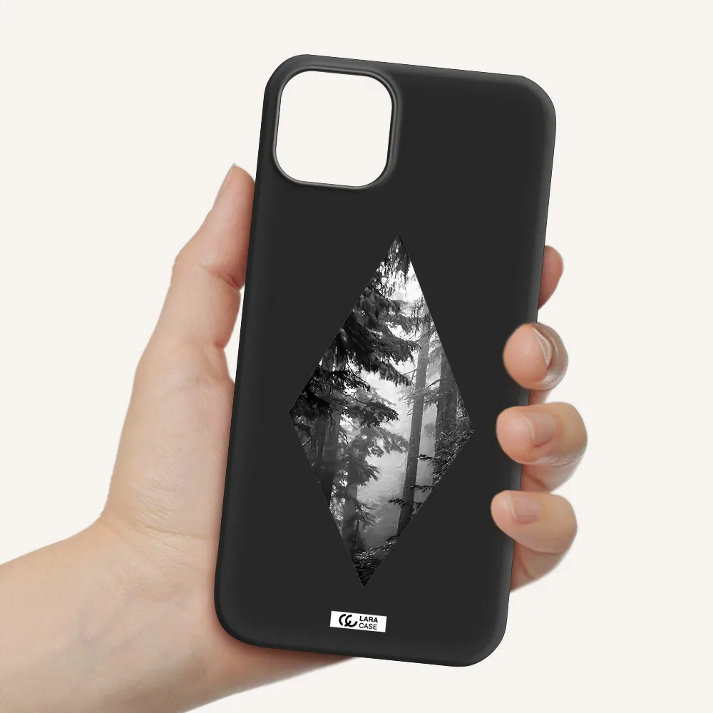 a diamond shaped image of trees Apple iPhone 14 plus Silicone black Case