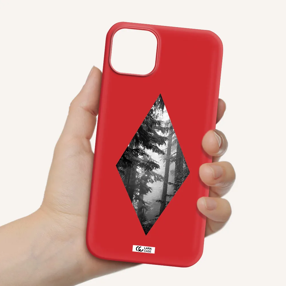 a diamond shaped image of trees Apple iPhone 14 plus Silicone Imperial Red Case