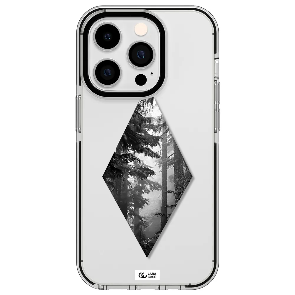 a diamond shaped image of trees Apple iPhone 14 pro impact black border Case