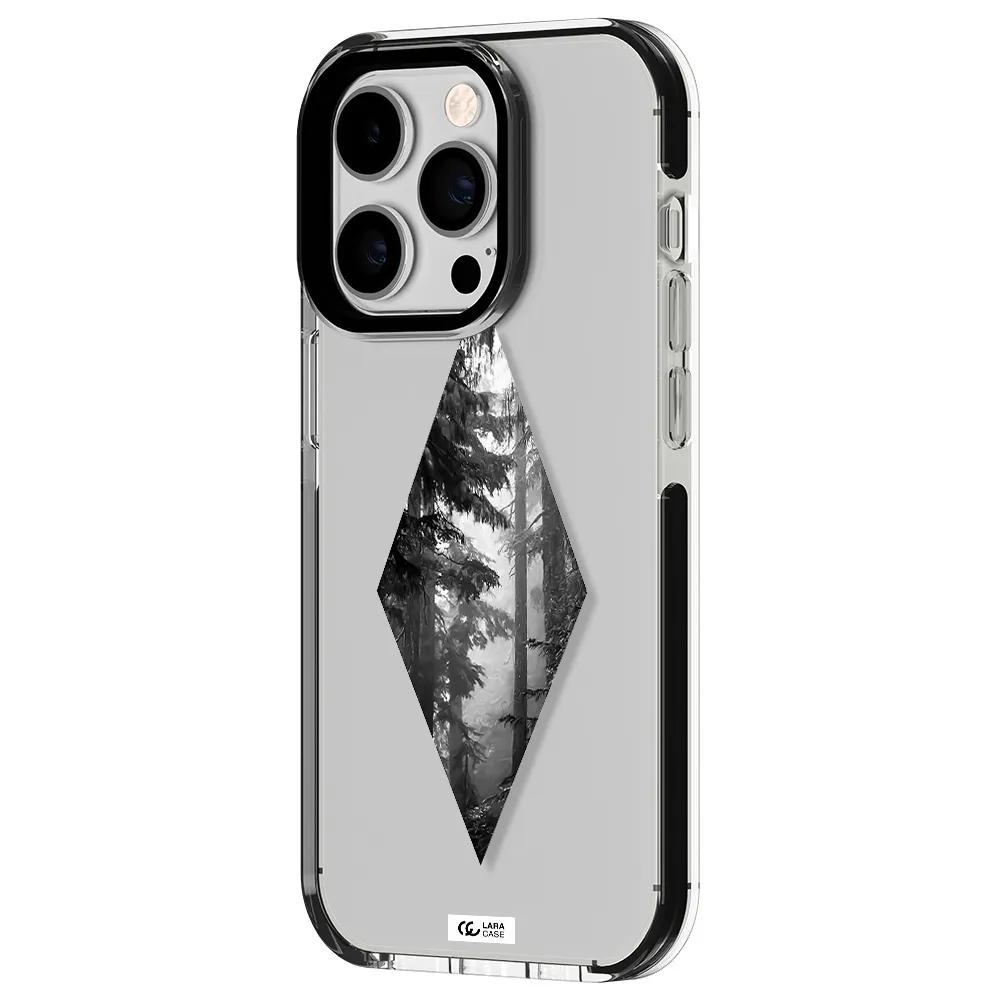 a diamond shaped image of trees Apple iPhone 14 pro impact black border Case