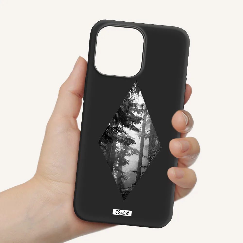 a diamond shaped image of trees Apple iPhone 14 pro Silicone black Case