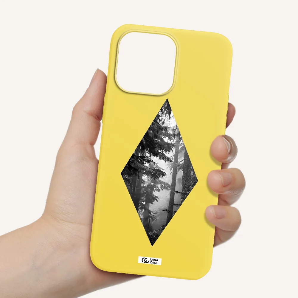 a diamond shaped image of trees Apple iPhone 14 pro Silicone canary yellow Case
