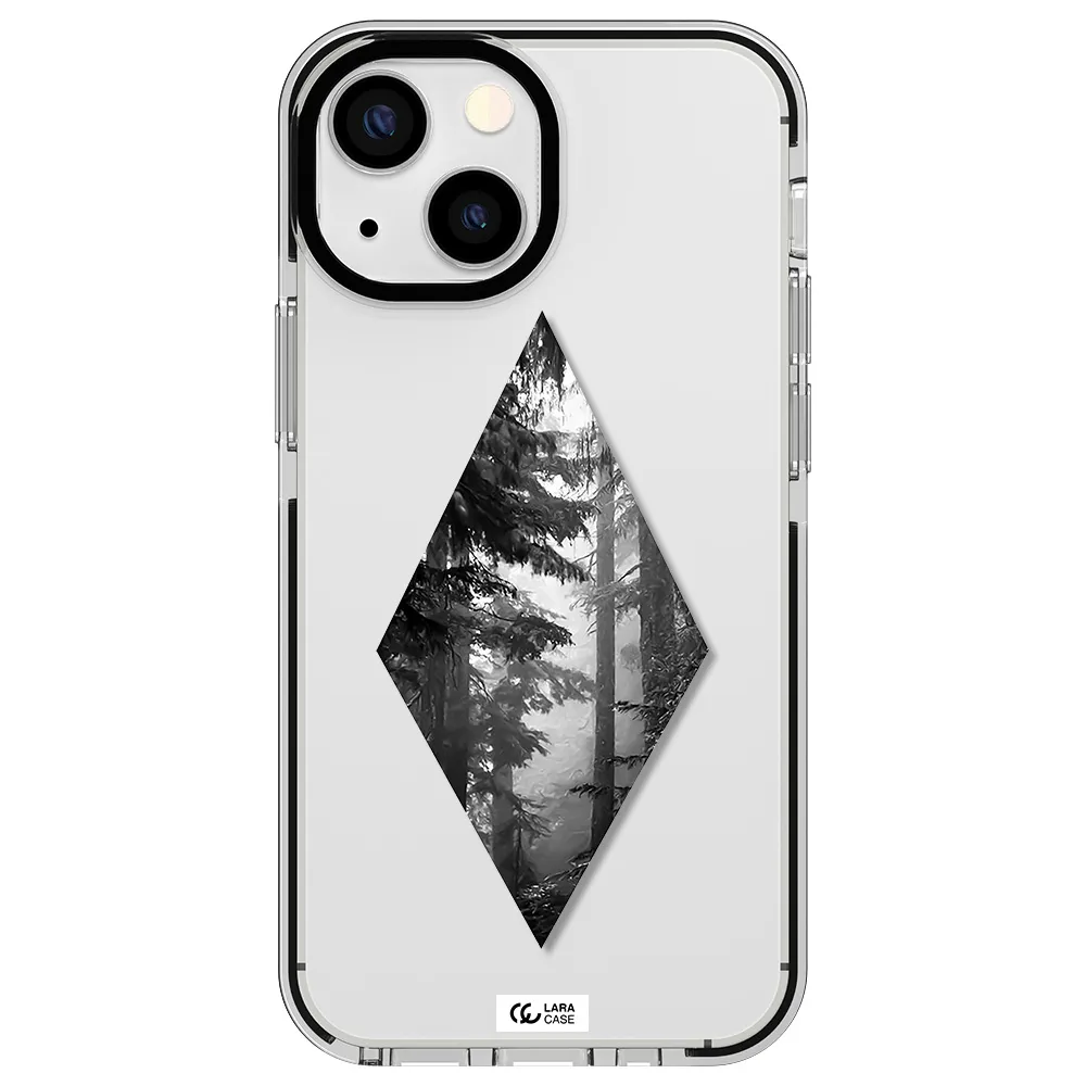 a diamond shaped image of trees Apple iPhone 15 impact black border Case