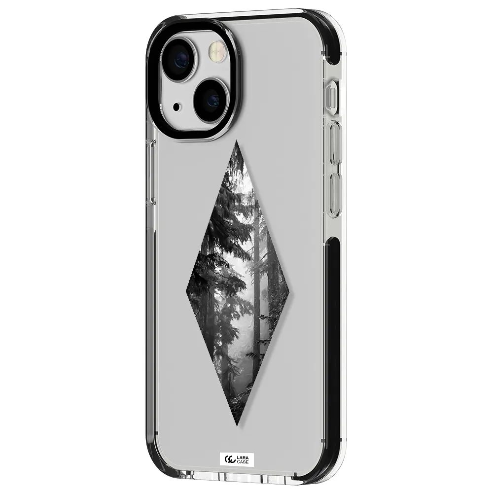 a diamond shaped image of trees Apple iPhone 15 impact black border Case