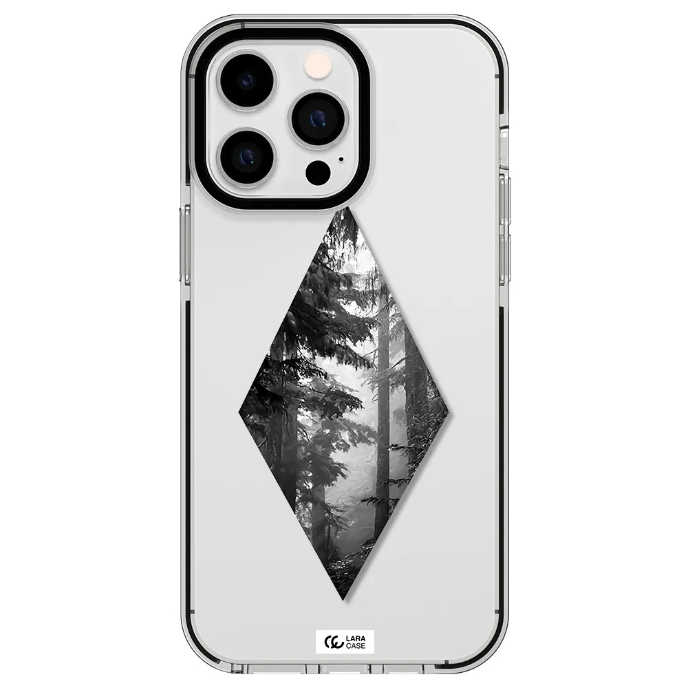 a diamond shaped image of trees Apple iPhone 15 Pro impact black border Case