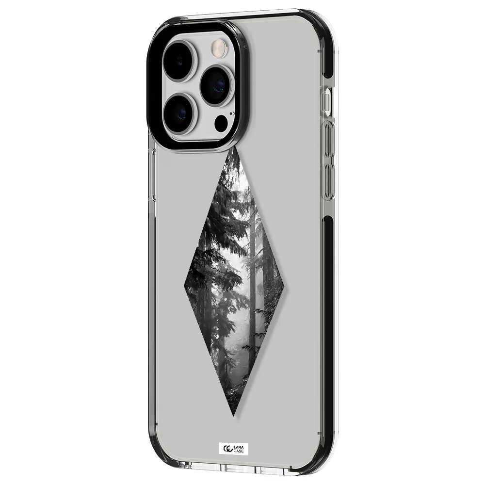 a diamond shaped image of trees Apple iPhone 15 Pro impact black border Case
