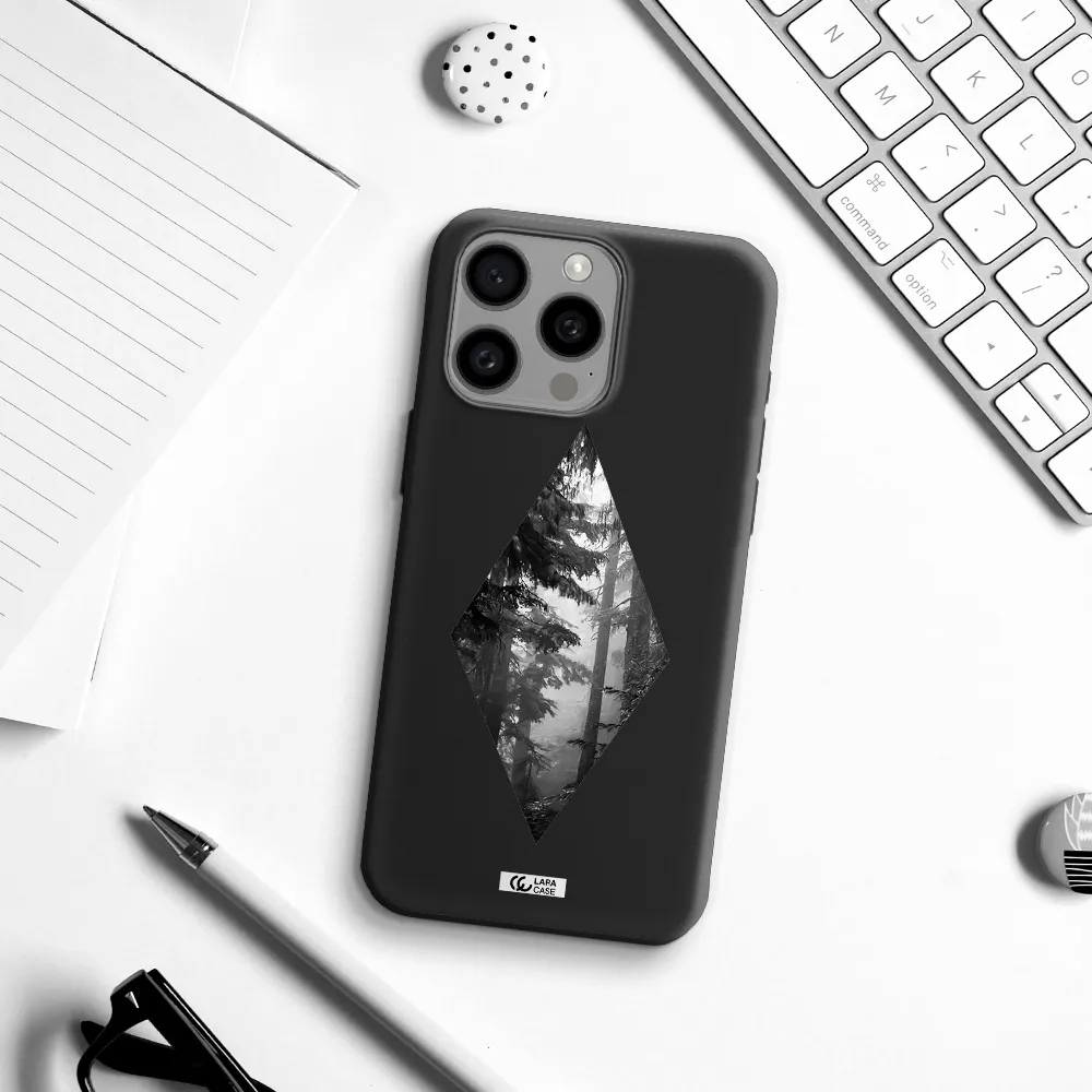 a diamond shaped image of trees Apple Iphone 15 Pro max Silicone black Case