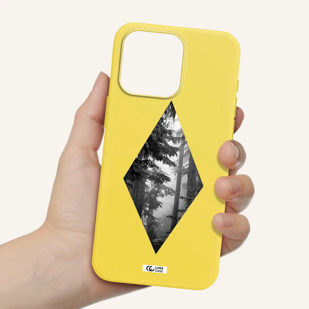 a diamond shaped image of trees Apple Iphone 15 Pro max Silicone canary yellow Case