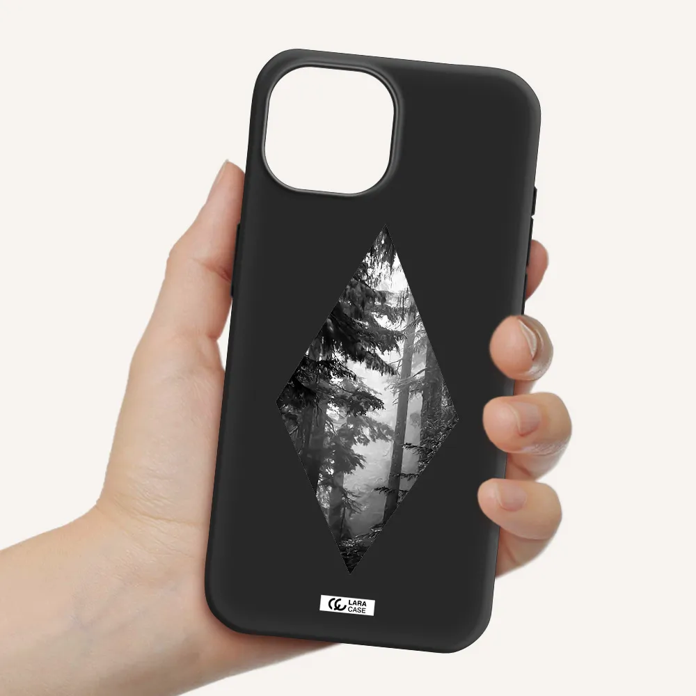 a diamond shaped image of trees Apple iPhone 15 Silicone black Case