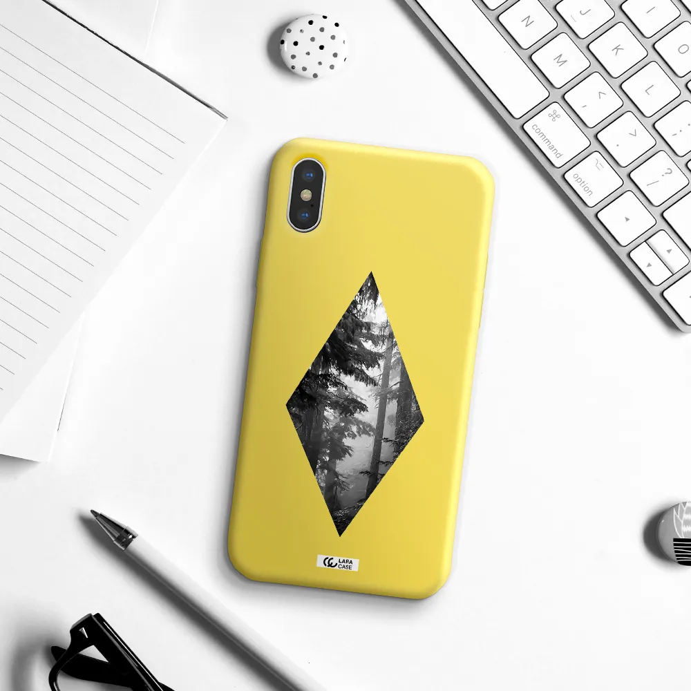 a diamond shaped image of trees Apple iPhone XS Silicone canary yellow Case