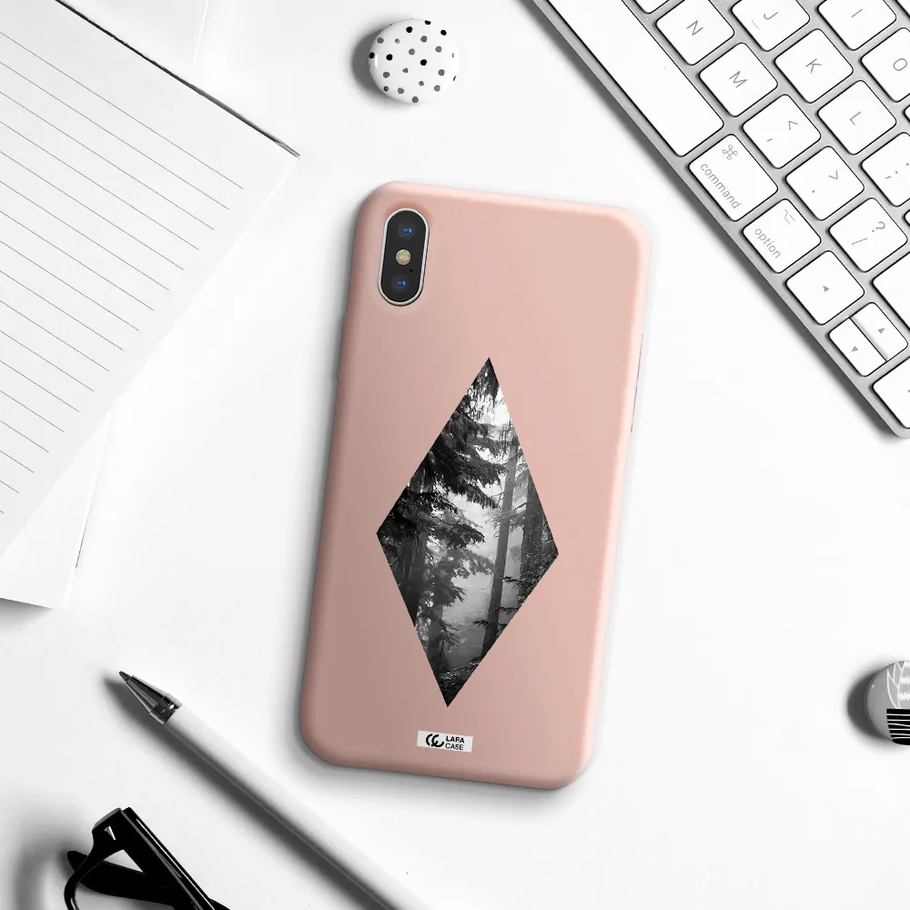 a diamond shaped image of trees Apple iPhone XS Silicone pastel pink Case
