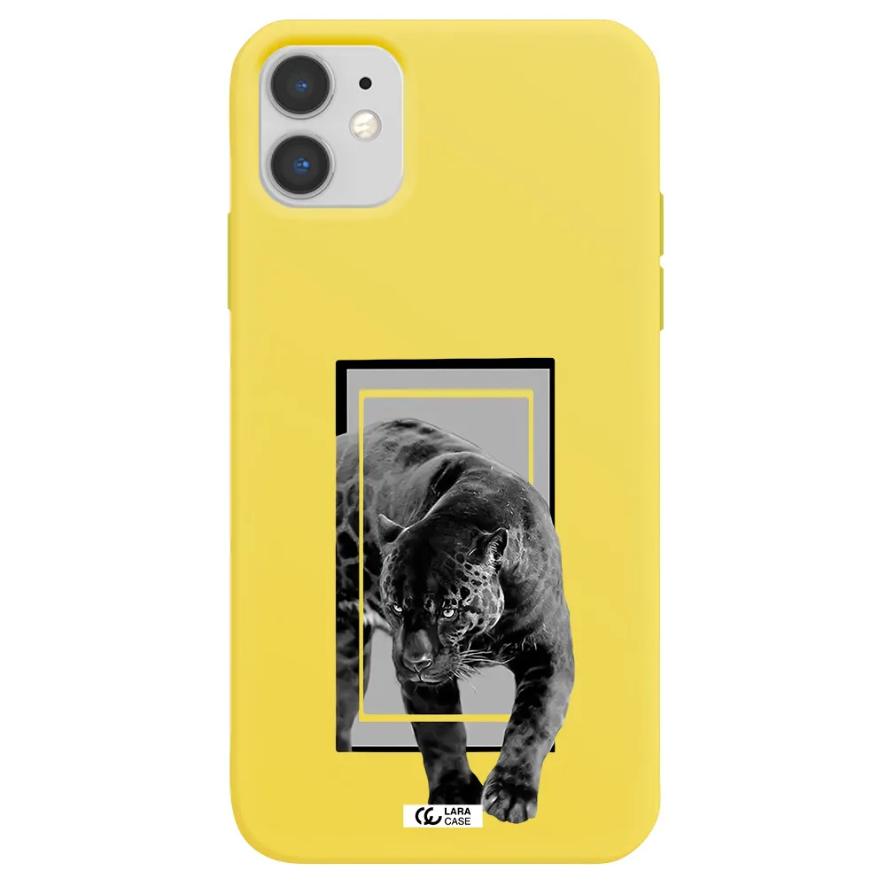 a black tiger with spots on its face Apple iPhone 11 Silicone canary yellow Case