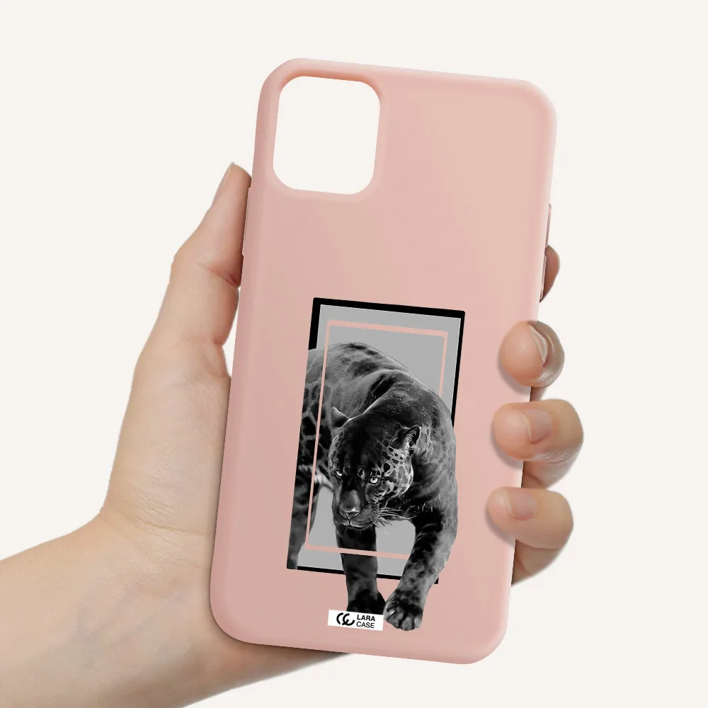 a black tiger with spots on its face Apple iPhone 11 Silicone pastel pink Case