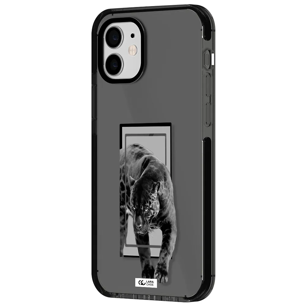 a black tiger with spots on its face Apple iPhone 12 impact Smoke Black Case