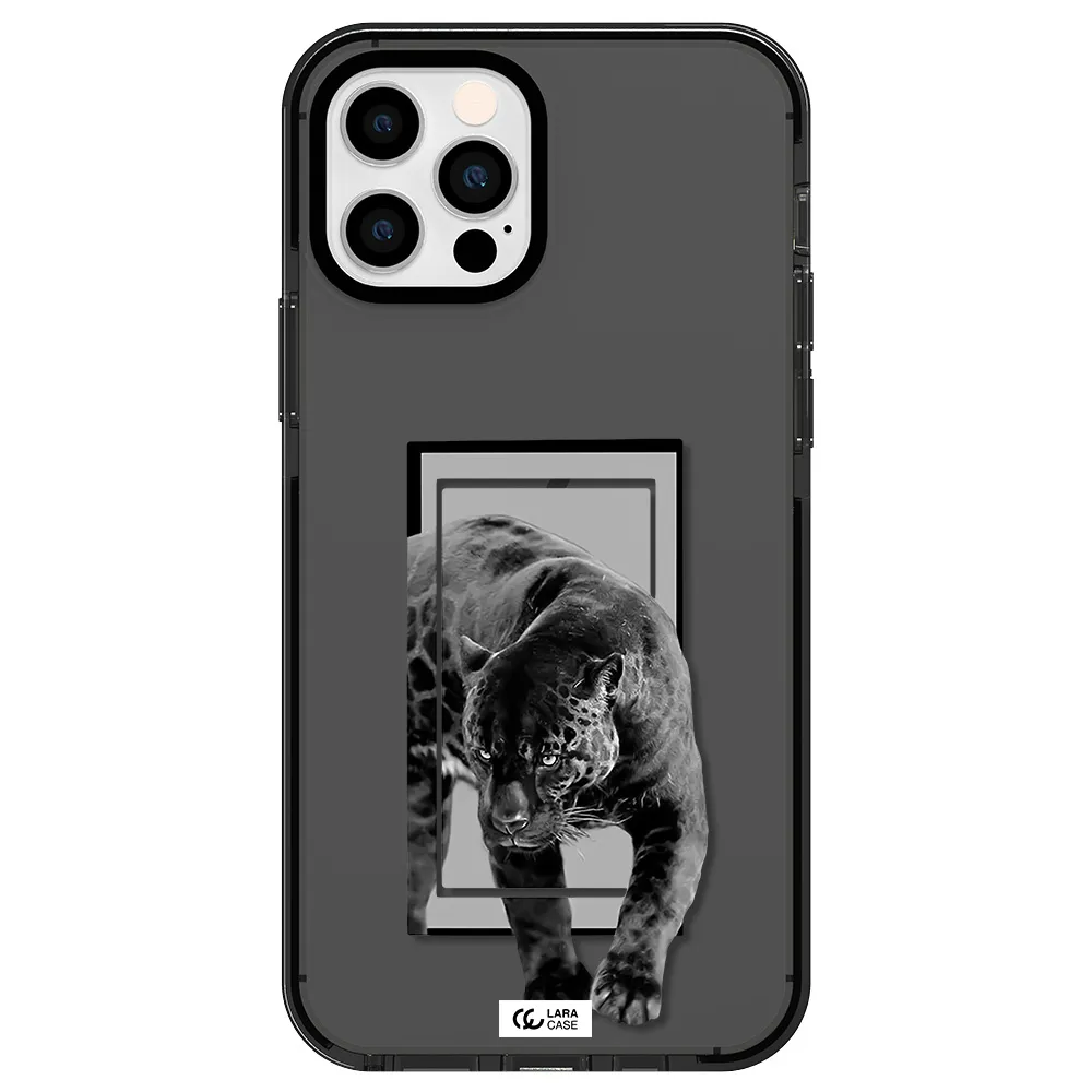 a black tiger with spots on its face Apple iPhone 12 pro impact Smoke Black Case