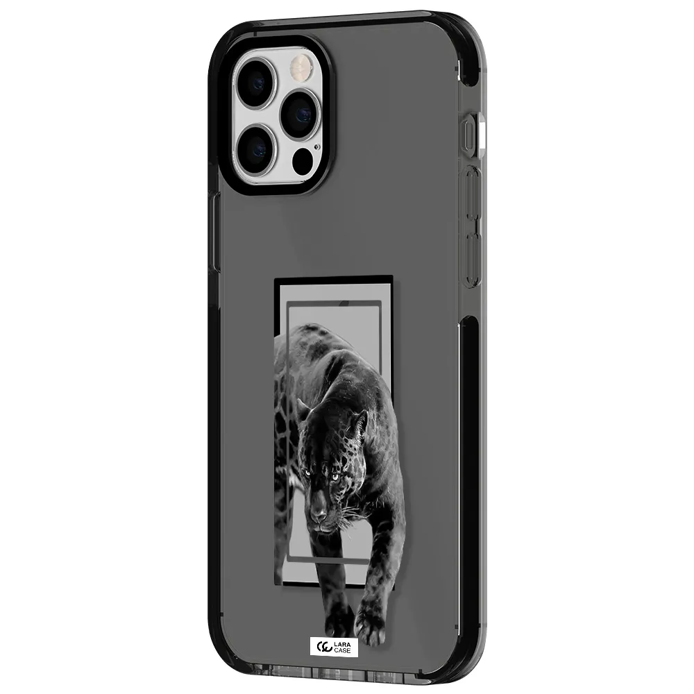 a black tiger with spots on its face Apple iPhone 12 pro impact Smoke Black Case