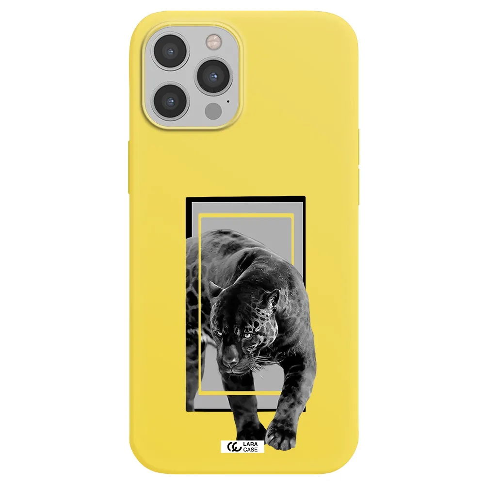 a black tiger with spots on its face Apple iPhone 12 pro max Silicone canary yellow Case