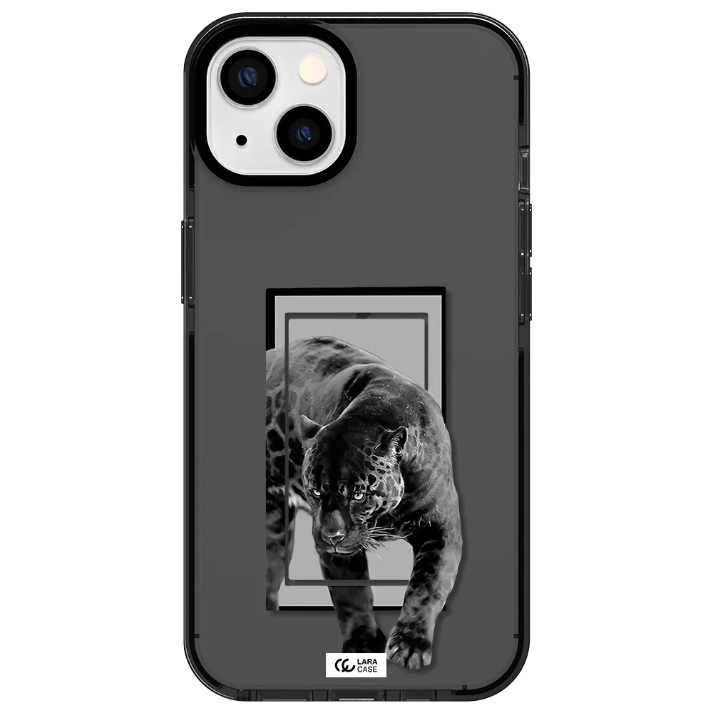 a black tiger with spots on its face Apple iPhone 13 impact Smoke Black Case