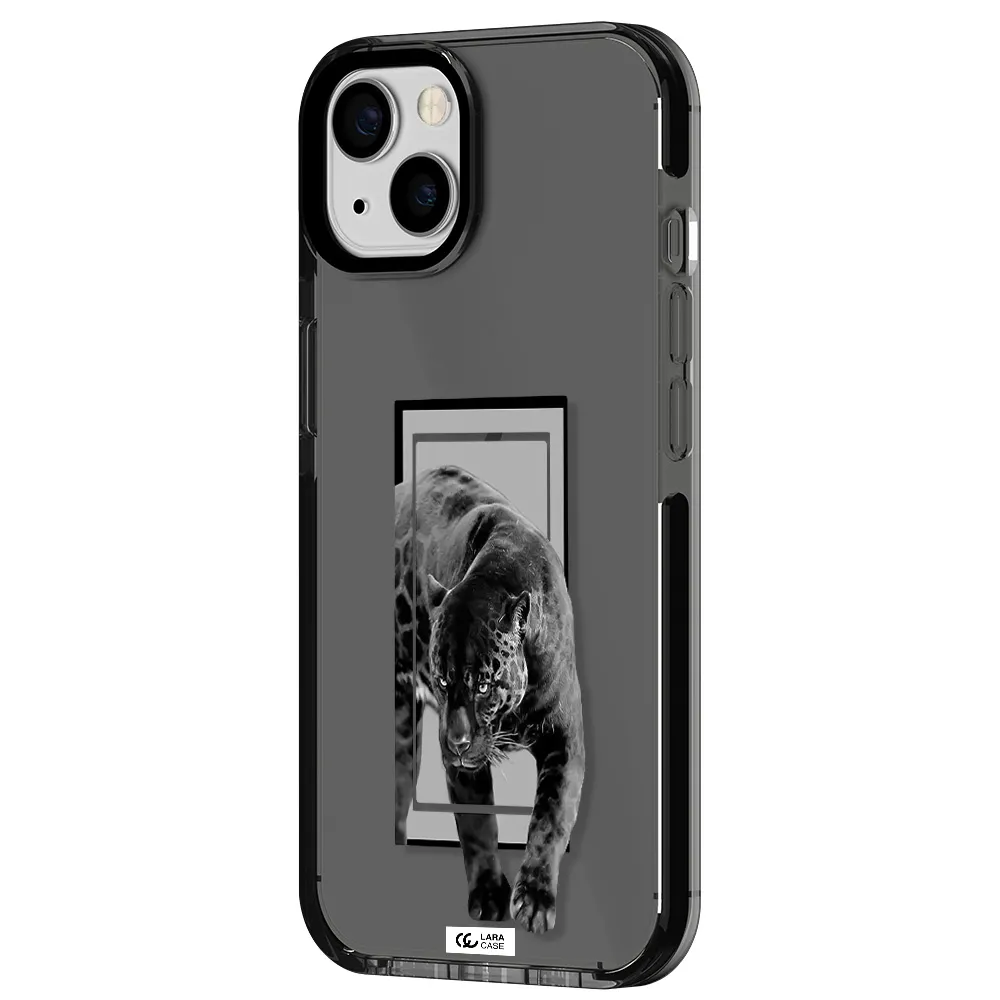 a black tiger with spots on its face Apple iPhone 13 impact Smoke Black Case