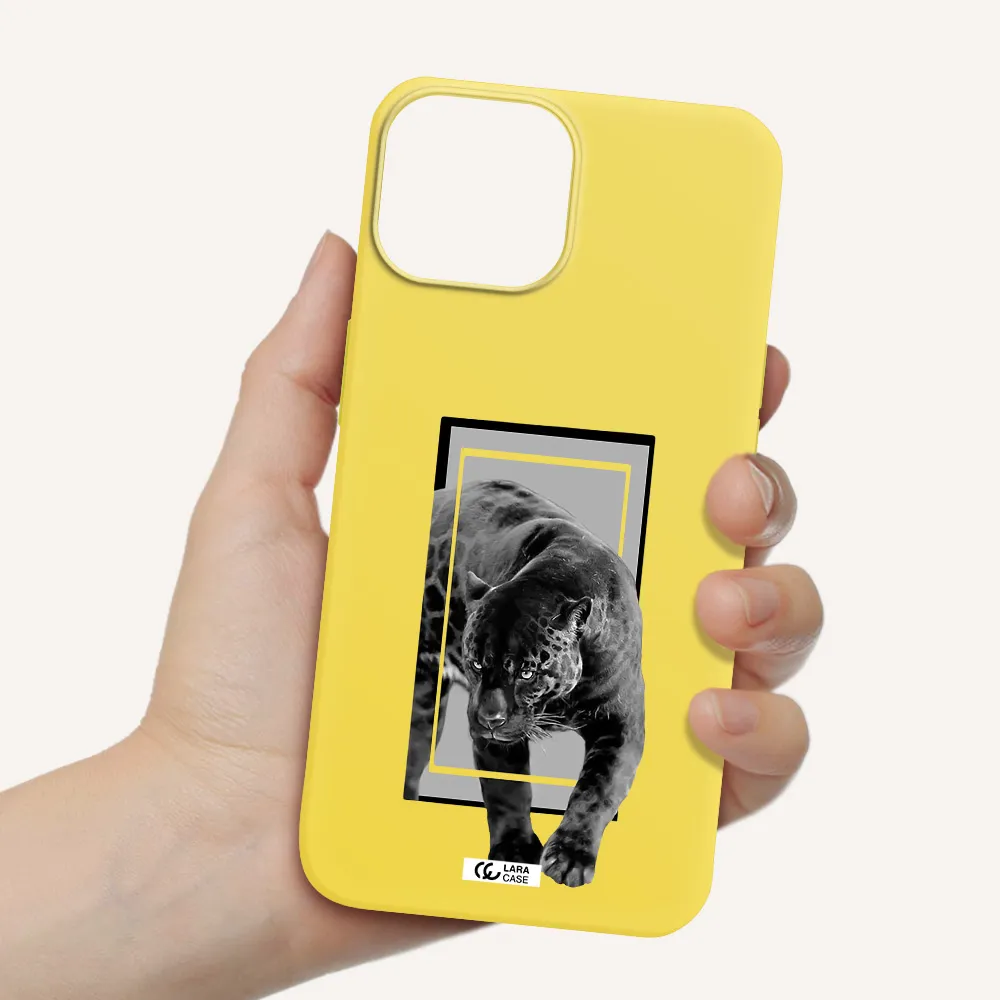 a black tiger with spots on its face Apple iPhone 13 mini Silicone canary yellow Case