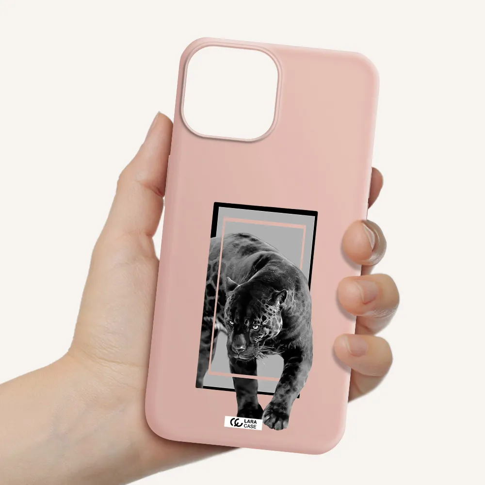 a black tiger with spots on its face Apple iPhone 13 mini Silicone pastel pink Case
