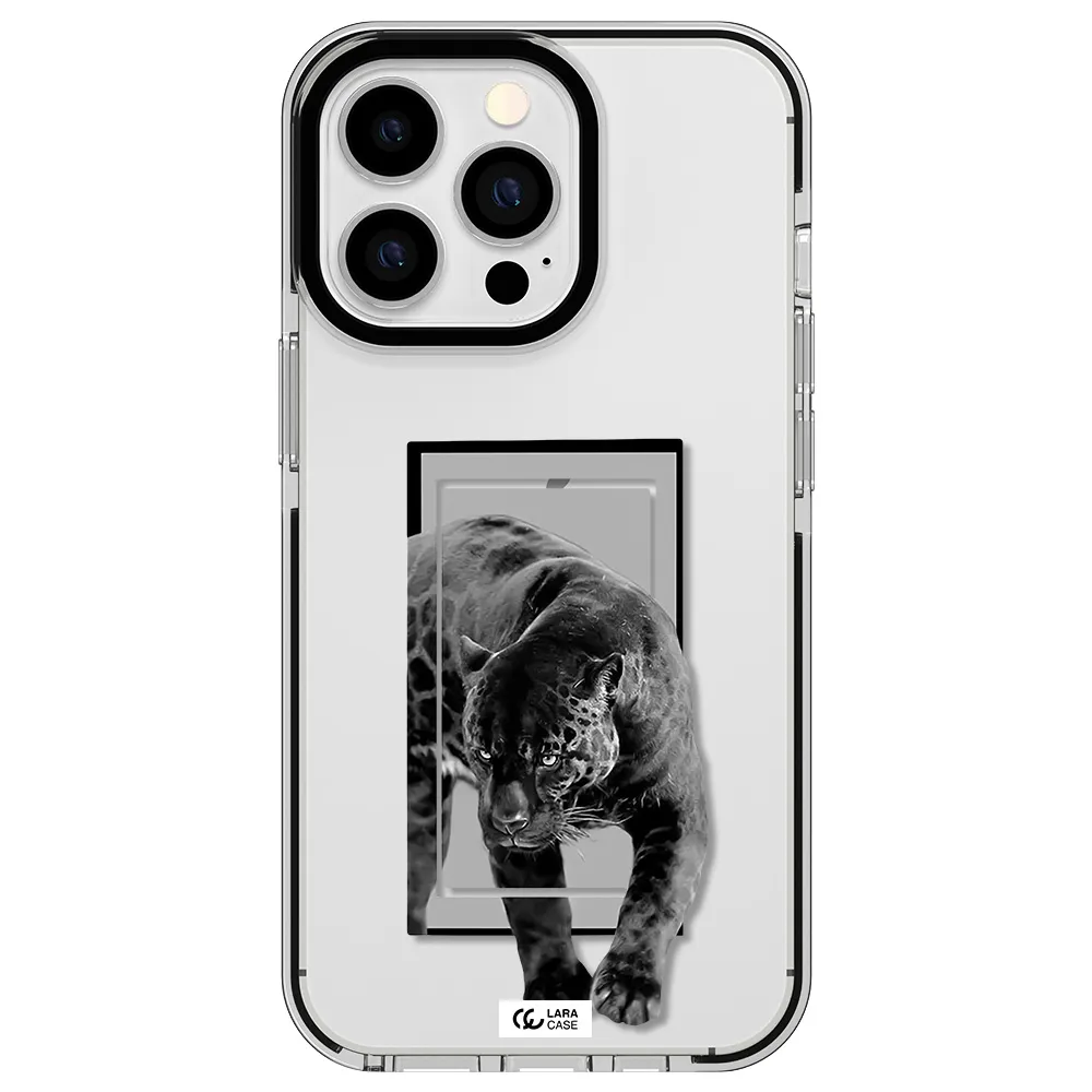 a black tiger with spots on its face Apple iPhone 13 Pro impact black border Case