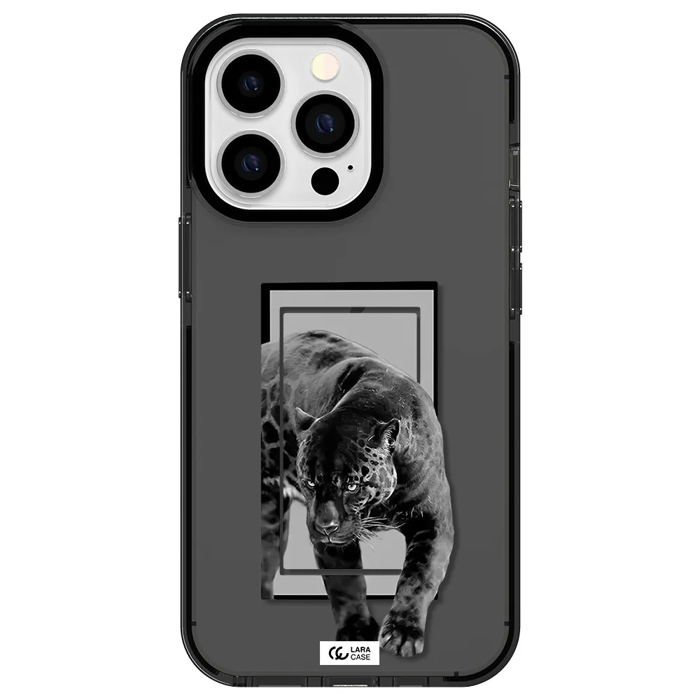 a black tiger with spots on its face Apple iPhone 13 Pro impact Smoke Black Case