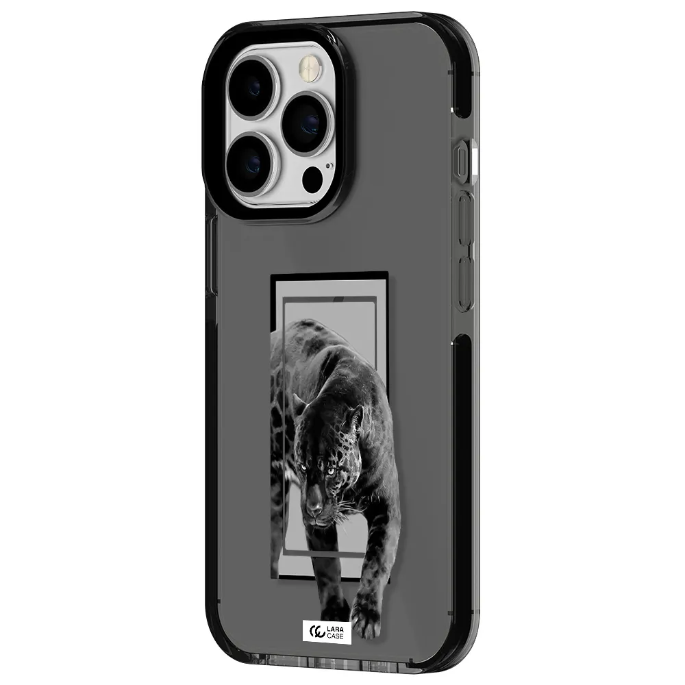 a black tiger with spots on its face Apple iPhone 13 Pro impact Smoke Black Case